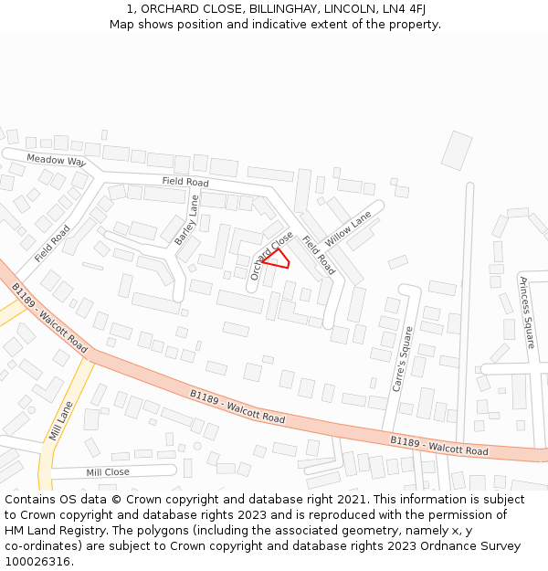 1, ORCHARD CLOSE, BILLINGHAY, LINCOLN, LN4 4FJ: Location map and indicative extent of plot