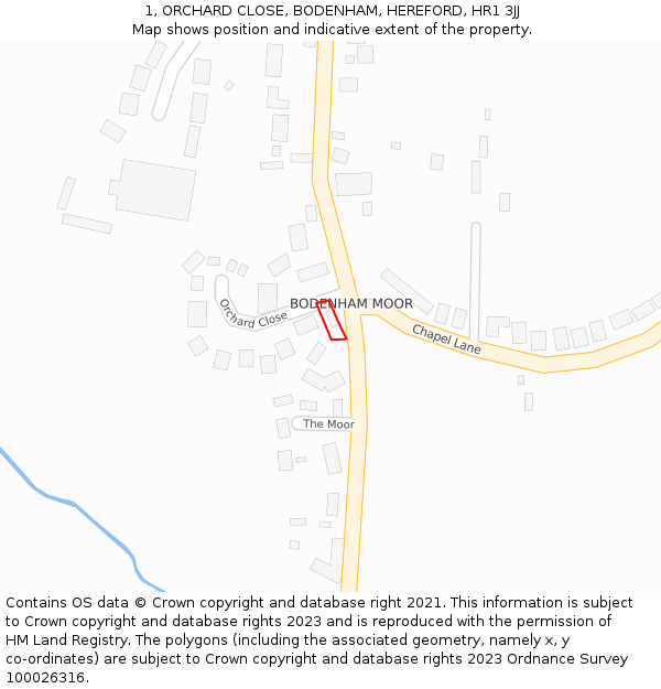 1, ORCHARD CLOSE, BODENHAM, HEREFORD, HR1 3JJ: Location map and indicative extent of plot