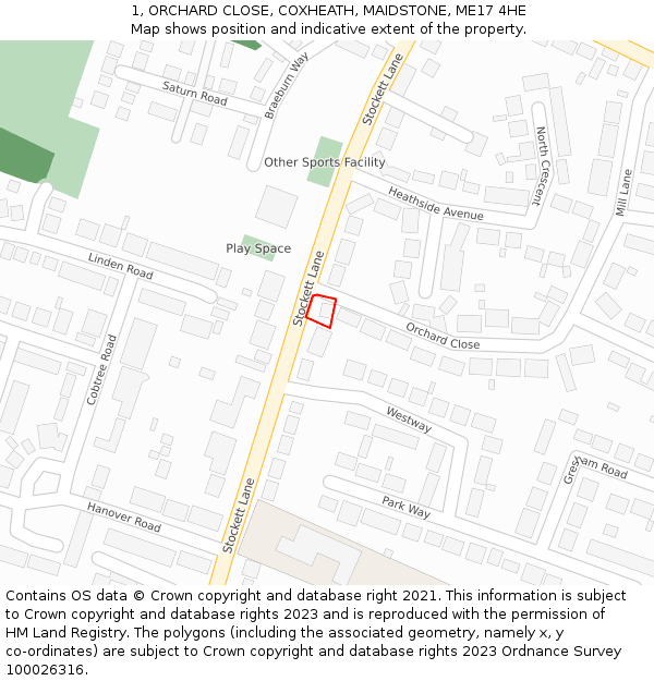 1, ORCHARD CLOSE, COXHEATH, MAIDSTONE, ME17 4HE: Location map and indicative extent of plot