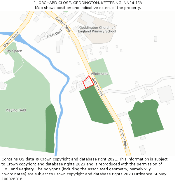 1, ORCHARD CLOSE, GEDDINGTON, KETTERING, NN14 1FA: Location map and indicative extent of plot