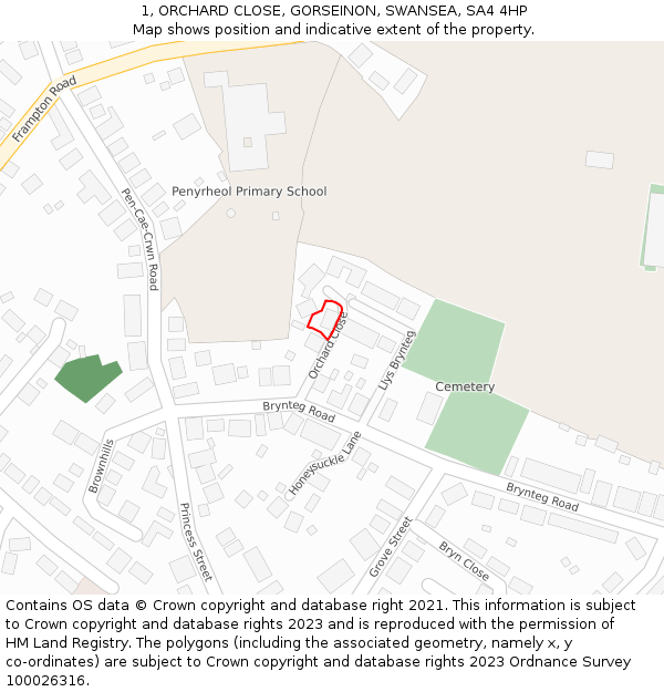 1, ORCHARD CLOSE, GORSEINON, SWANSEA, SA4 4HP: Location map and indicative extent of plot