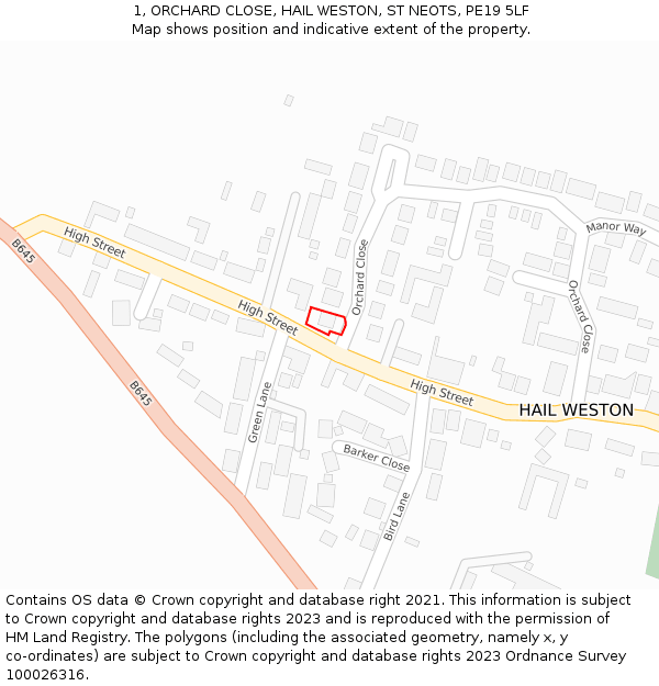 1, ORCHARD CLOSE, HAIL WESTON, ST NEOTS, PE19 5LF: Location map and indicative extent of plot