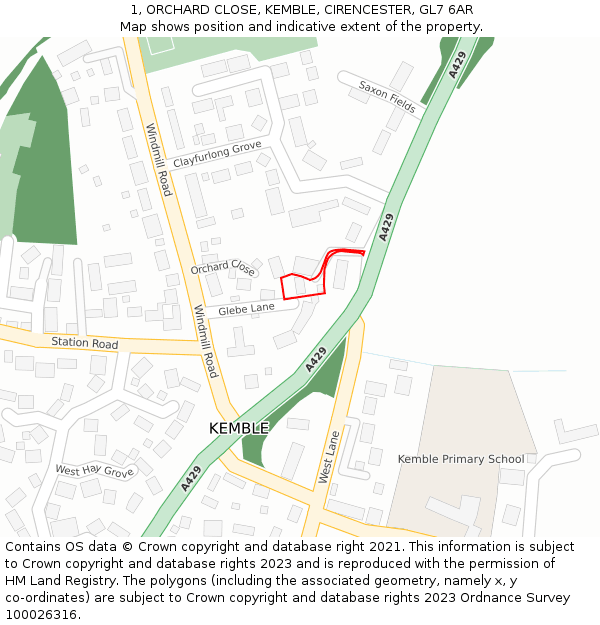 1, ORCHARD CLOSE, KEMBLE, CIRENCESTER, GL7 6AR: Location map and indicative extent of plot