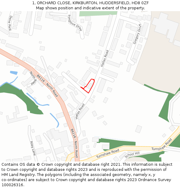 1, ORCHARD CLOSE, KIRKBURTON, HUDDERSFIELD, HD8 0ZF: Location map and indicative extent of plot