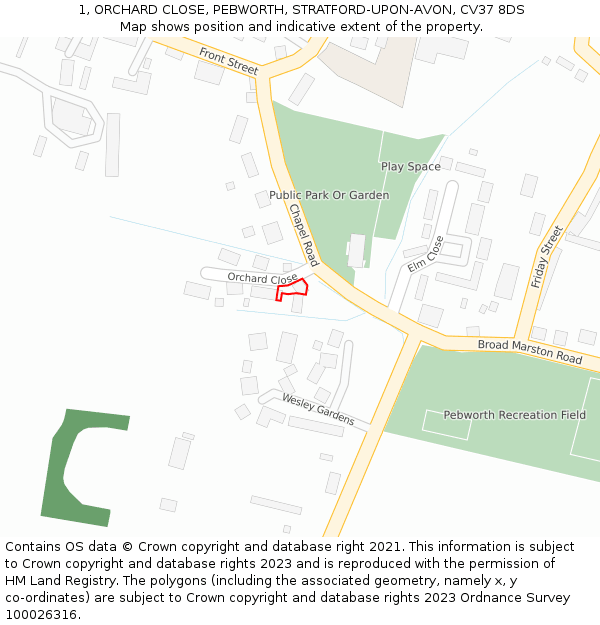 1, ORCHARD CLOSE, PEBWORTH, STRATFORD-UPON-AVON, CV37 8DS: Location map and indicative extent of plot