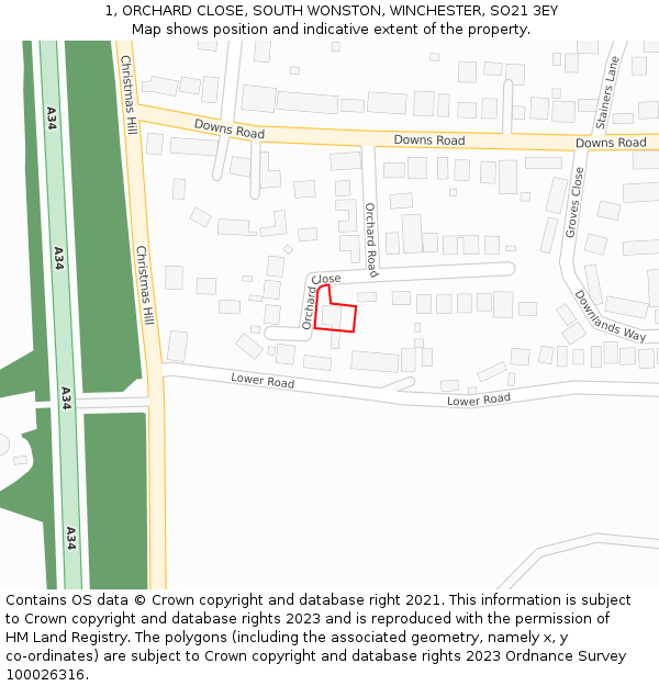 1, ORCHARD CLOSE, SOUTH WONSTON, WINCHESTER, SO21 3EY: Location map and indicative extent of plot