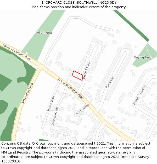 1, ORCHARD CLOSE, SOUTHWELL, NG25 0DY: Location map and indicative extent of plot