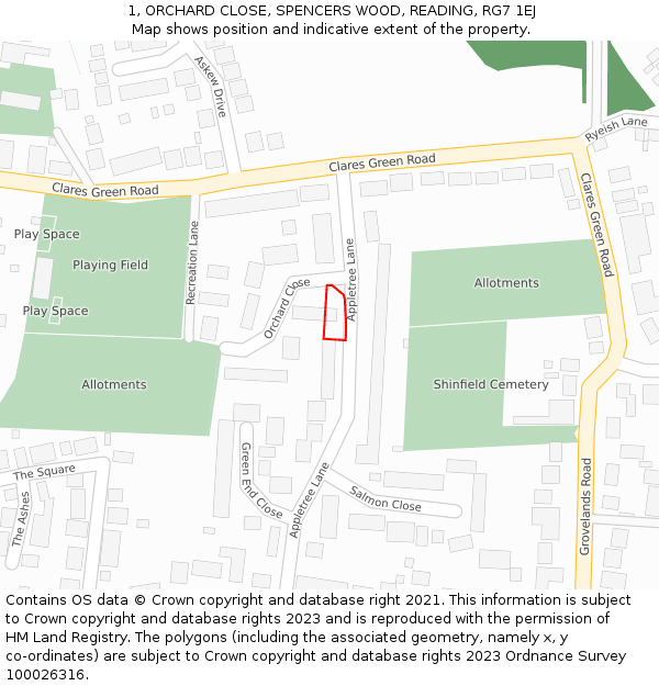 1, ORCHARD CLOSE, SPENCERS WOOD, READING, RG7 1EJ: Location map and indicative extent of plot