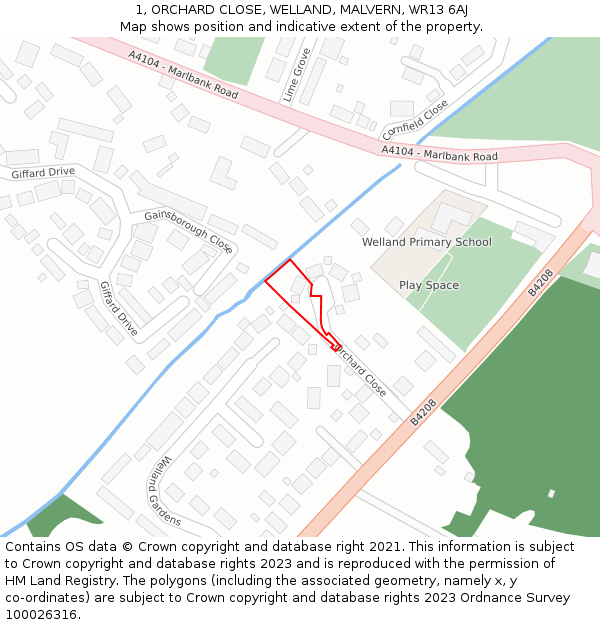 1, ORCHARD CLOSE, WELLAND, MALVERN, WR13 6AJ: Location map and indicative extent of plot