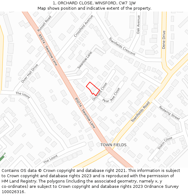 1, ORCHARD CLOSE, WINSFORD, CW7 1JW: Location map and indicative extent of plot
