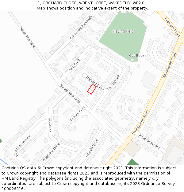 1, ORCHARD CLOSE, WRENTHORPE, WAKEFIELD, WF2 0LJ: Location map and indicative extent of plot