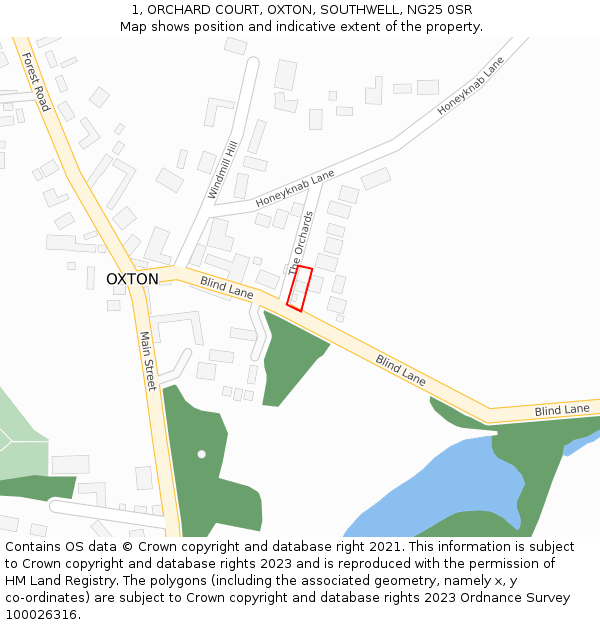 1, ORCHARD COURT, OXTON, SOUTHWELL, NG25 0SR: Location map and indicative extent of plot