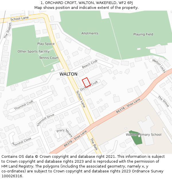 1, ORCHARD CROFT, WALTON, WAKEFIELD, WF2 6PJ: Location map and indicative extent of plot