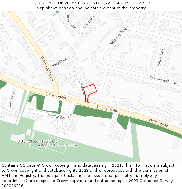 1, ORCHARD DRIVE, ASTON CLINTON, AYLESBURY, HP22 5HR: Location map and indicative extent of plot