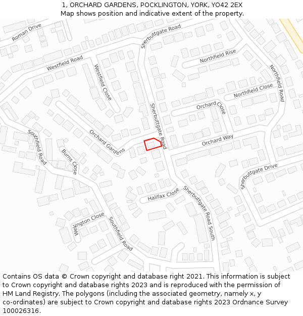 1, ORCHARD GARDENS, POCKLINGTON, YORK, YO42 2EX: Location map and indicative extent of plot