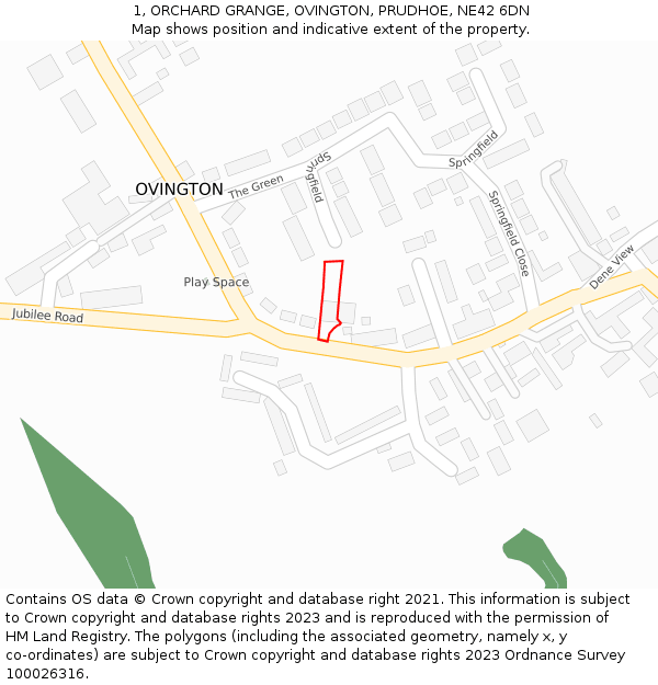 1, ORCHARD GRANGE, OVINGTON, PRUDHOE, NE42 6DN: Location map and indicative extent of plot