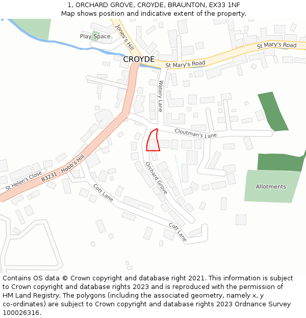 1, ORCHARD GROVE, CROYDE, BRAUNTON, EX33 1NF: Location map and indicative extent of plot