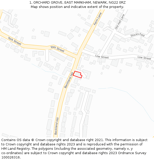 1, ORCHARD GROVE, EAST MARKHAM, NEWARK, NG22 0RZ: Location map and indicative extent of plot