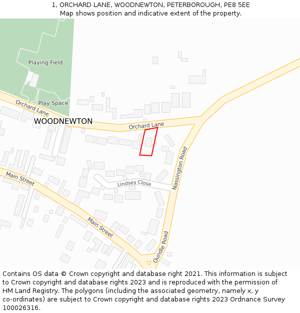 1, ORCHARD LANE, WOODNEWTON, PETERBOROUGH, PE8 5EE: Location map and indicative extent of plot