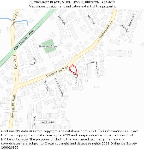 1, ORCHARD PLACE, MUCH HOOLE, PRESTON, PR4 4GS: Location map and indicative extent of plot
