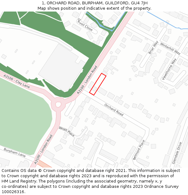 1, ORCHARD ROAD, BURPHAM, GUILDFORD, GU4 7JH: Location map and indicative extent of plot