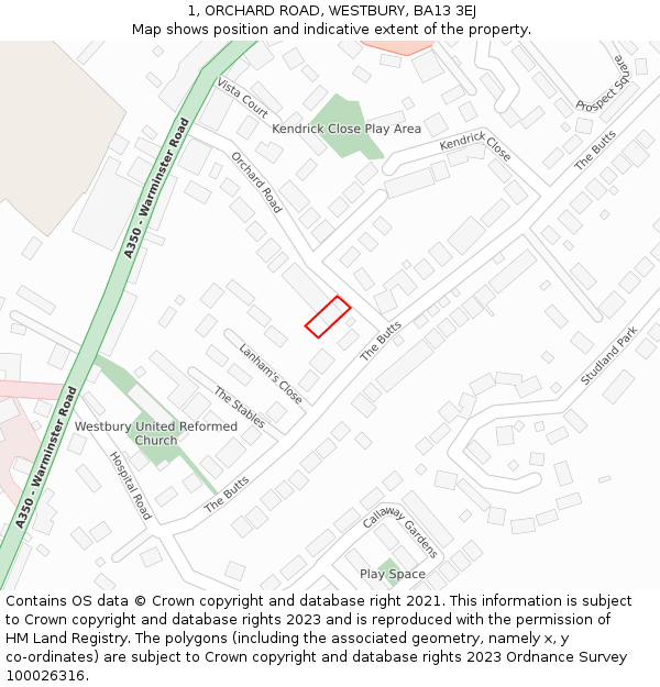 1, ORCHARD ROAD, WESTBURY, BA13 3EJ: Location map and indicative extent of plot