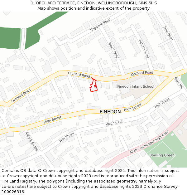 1, ORCHARD TERRACE, FINEDON, WELLINGBOROUGH, NN9 5HS: Location map and indicative extent of plot