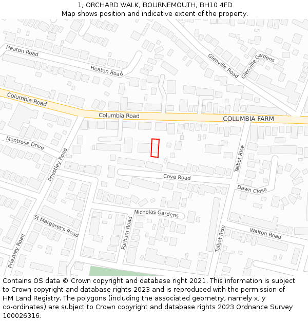 1, ORCHARD WALK, BOURNEMOUTH, BH10 4FD: Location map and indicative extent of plot