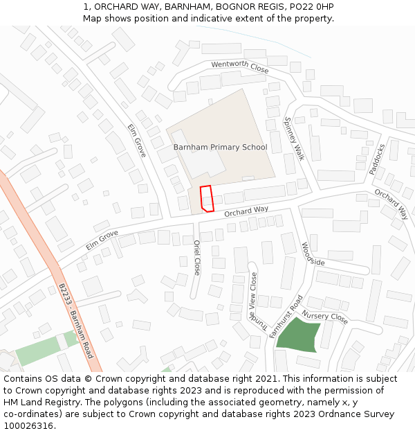 1, ORCHARD WAY, BARNHAM, BOGNOR REGIS, PO22 0HP: Location map and indicative extent of plot