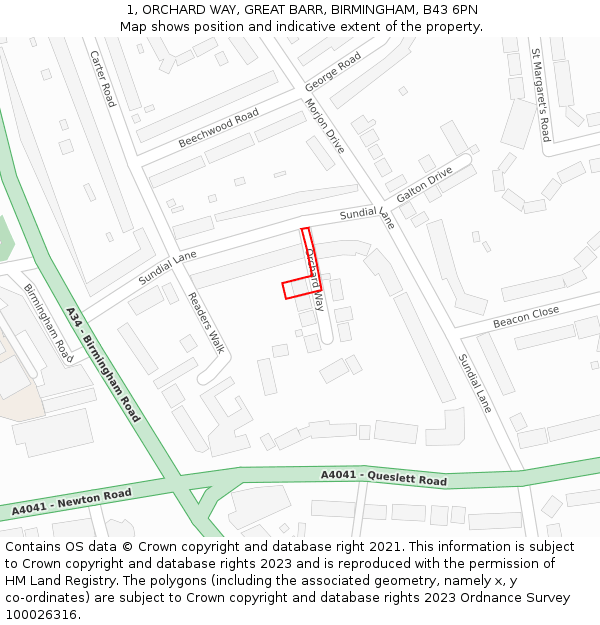 1, ORCHARD WAY, GREAT BARR, BIRMINGHAM, B43 6PN: Location map and indicative extent of plot