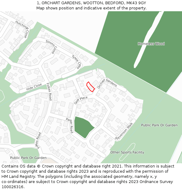 1, ORCHART GARDENS, WOOTTON, BEDFORD, MK43 9GY: Location map and indicative extent of plot