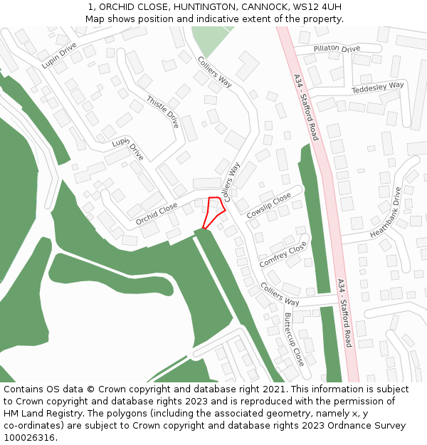 1, ORCHID CLOSE, HUNTINGTON, CANNOCK, WS12 4UH: Location map and indicative extent of plot