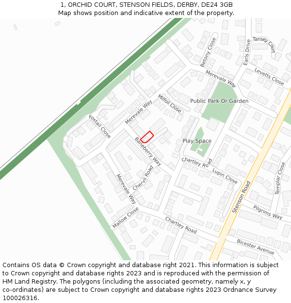 1, ORCHID COURT, STENSON FIELDS, DERBY, DE24 3GB: Location map and indicative extent of plot