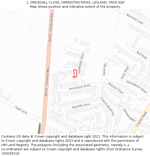 1, ORDSDALL CLOSE, FARINGTON MOSS, LEYLAND, PR26 6QP: Location map and indicative extent of plot
