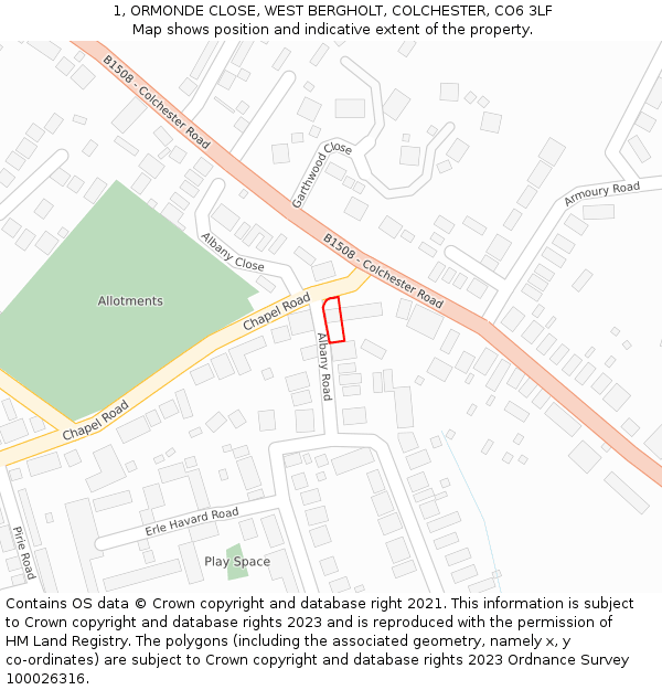 1, ORMONDE CLOSE, WEST BERGHOLT, COLCHESTER, CO6 3LF: Location map and indicative extent of plot