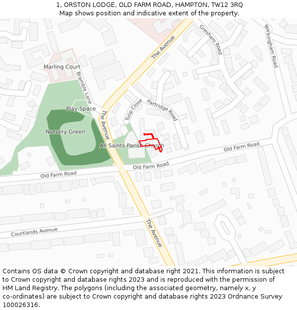 1, ORSTON LODGE, OLD FARM ROAD, HAMPTON, TW12 3RQ: Location map and indicative extent of plot