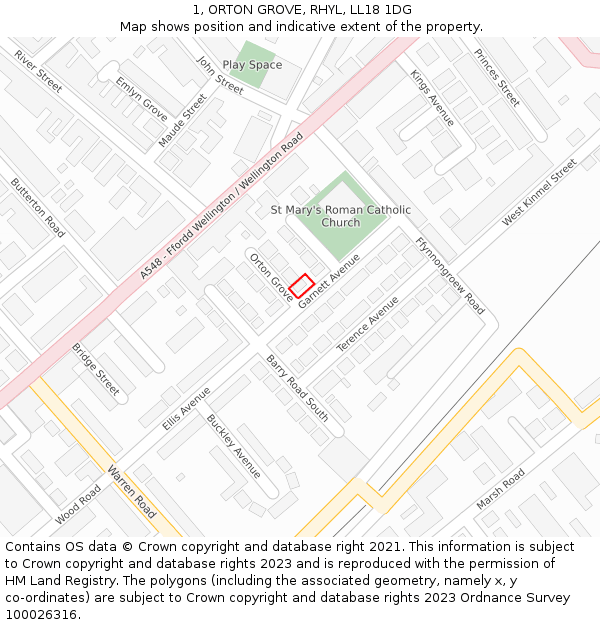 1, ORTON GROVE, RHYL, LL18 1DG: Location map and indicative extent of plot