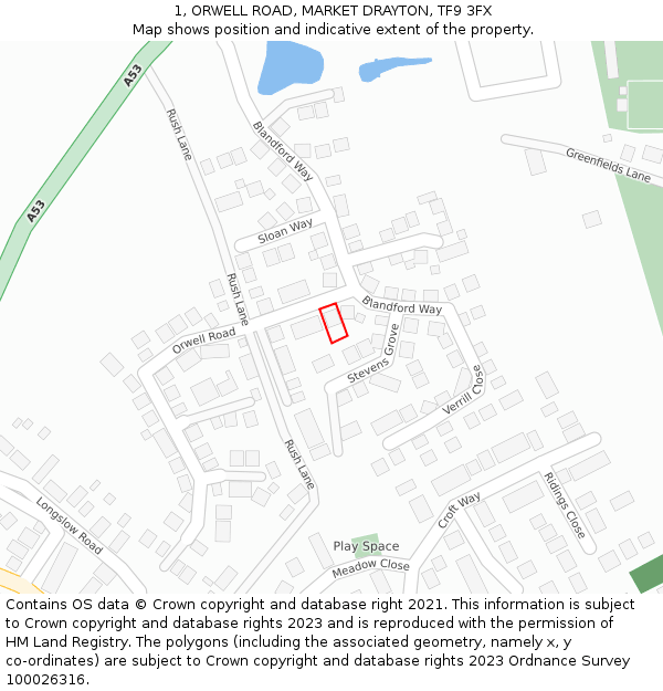 1, ORWELL ROAD, MARKET DRAYTON, TF9 3FX: Location map and indicative extent of plot