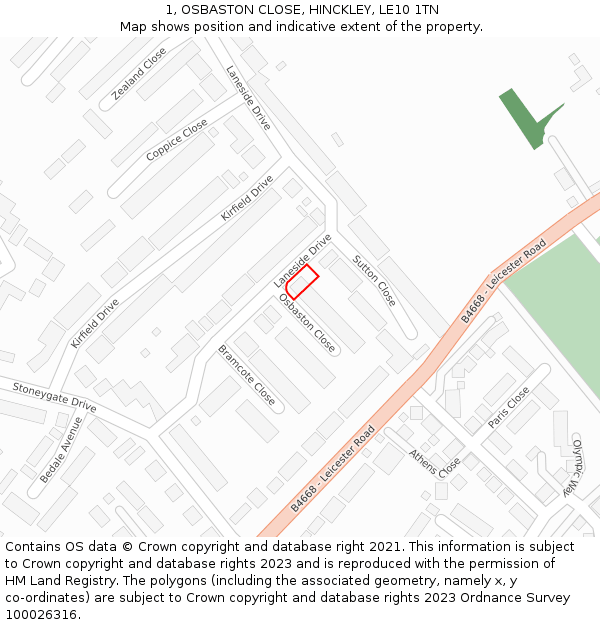 1, OSBASTON CLOSE, HINCKLEY, LE10 1TN: Location map and indicative extent of plot