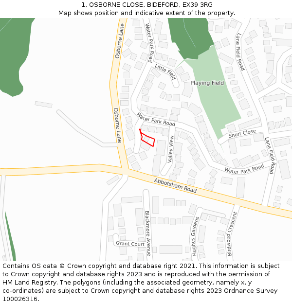 1, OSBORNE CLOSE, BIDEFORD, EX39 3RG: Location map and indicative extent of plot