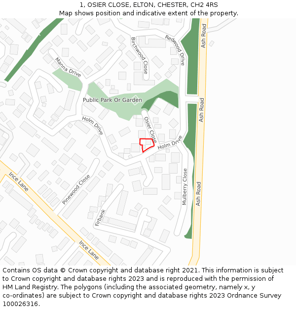 1, OSIER CLOSE, ELTON, CHESTER, CH2 4RS: Location map and indicative extent of plot