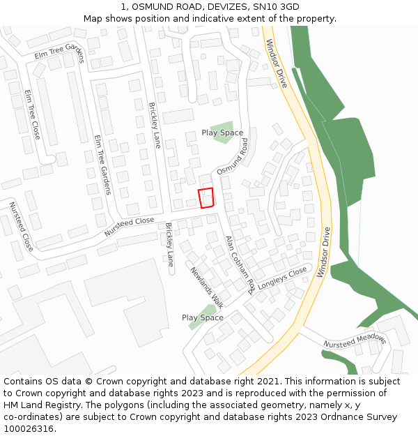 1, OSMUND ROAD, DEVIZES, SN10 3GD: Location map and indicative extent of plot