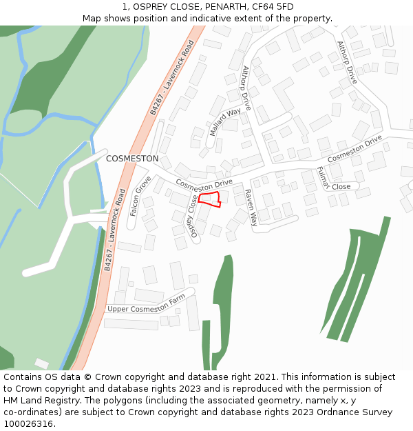 1, OSPREY CLOSE, PENARTH, CF64 5FD: Location map and indicative extent of plot