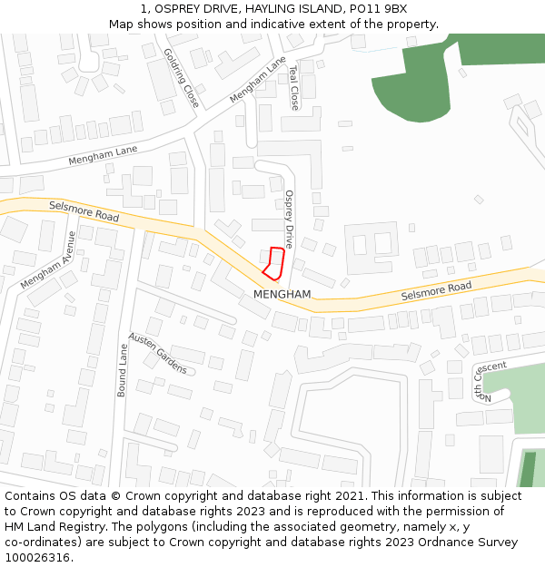 1, OSPREY DRIVE, HAYLING ISLAND, PO11 9BX: Location map and indicative extent of plot