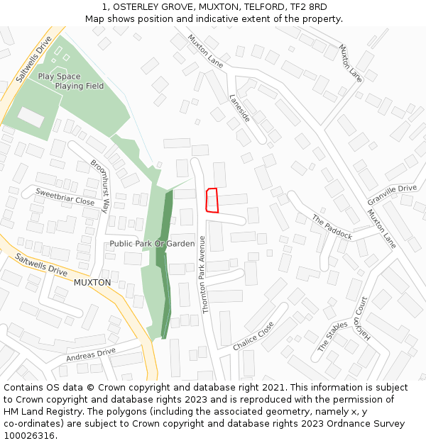 1, OSTERLEY GROVE, MUXTON, TELFORD, TF2 8RD: Location map and indicative extent of plot