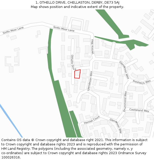 1, OTHELLO DRIVE, CHELLASTON, DERBY, DE73 5AJ: Location map and indicative extent of plot