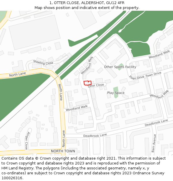 1, OTTER CLOSE, ALDERSHOT, GU12 4FR: Location map and indicative extent of plot