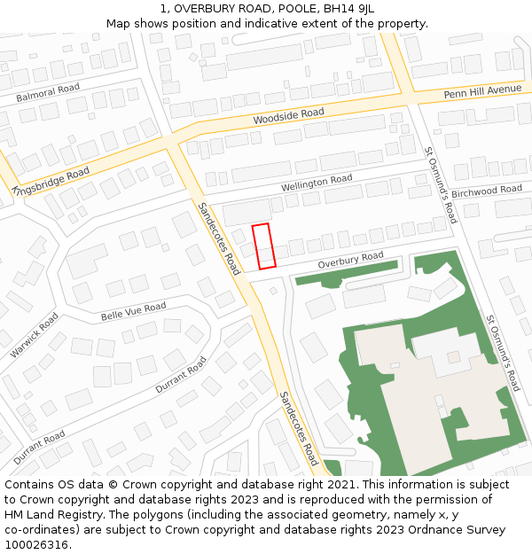 1, OVERBURY ROAD, POOLE, BH14 9JL: Location map and indicative extent of plot