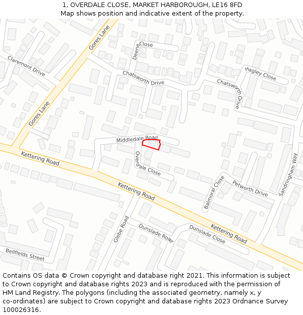 1, OVERDALE CLOSE, MARKET HARBOROUGH, LE16 8FD: Location map and indicative extent of plot