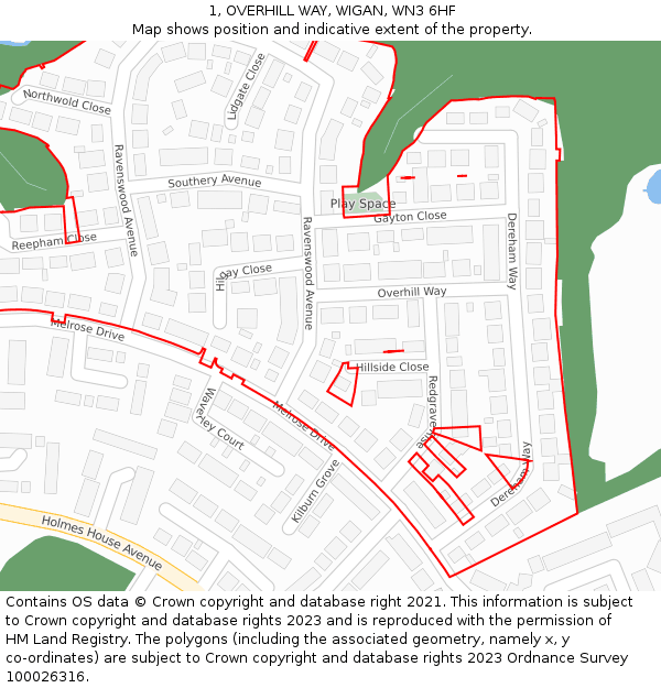 1, OVERHILL WAY, WIGAN, WN3 6HF: Location map and indicative extent of plot